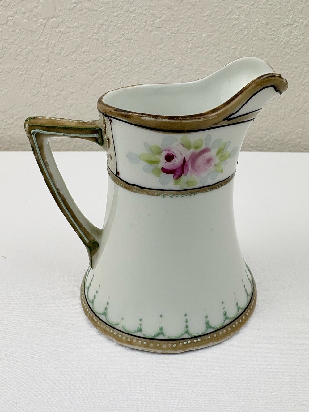 Antique Nippon Porcelain Hand-painted Creamer with Pink Roses & Brown Leaves